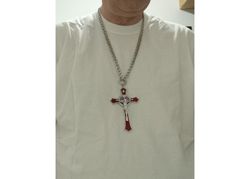 Edelstahl Halskette mit 12cm Kreuz Rot-Silber Edelstahl Halskette mit 12cm Kreuz Rot-Silber